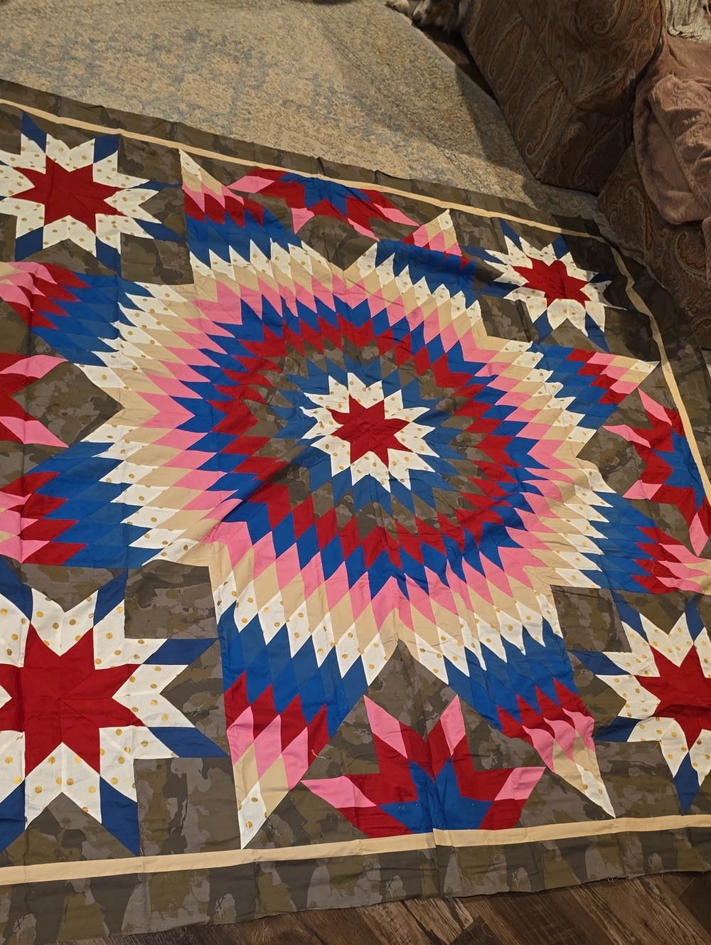 Handmade Starburst Quilt in Pink, Blue, Red, Cream, Camo, Texas Star quilt top